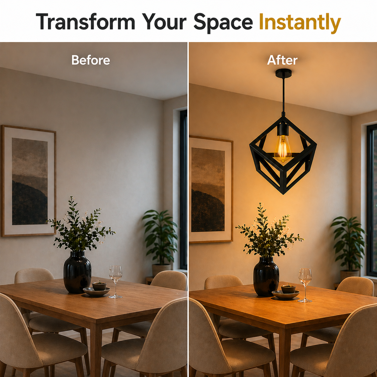 Before and after comparison of a dining room with a new pendant light fixture.