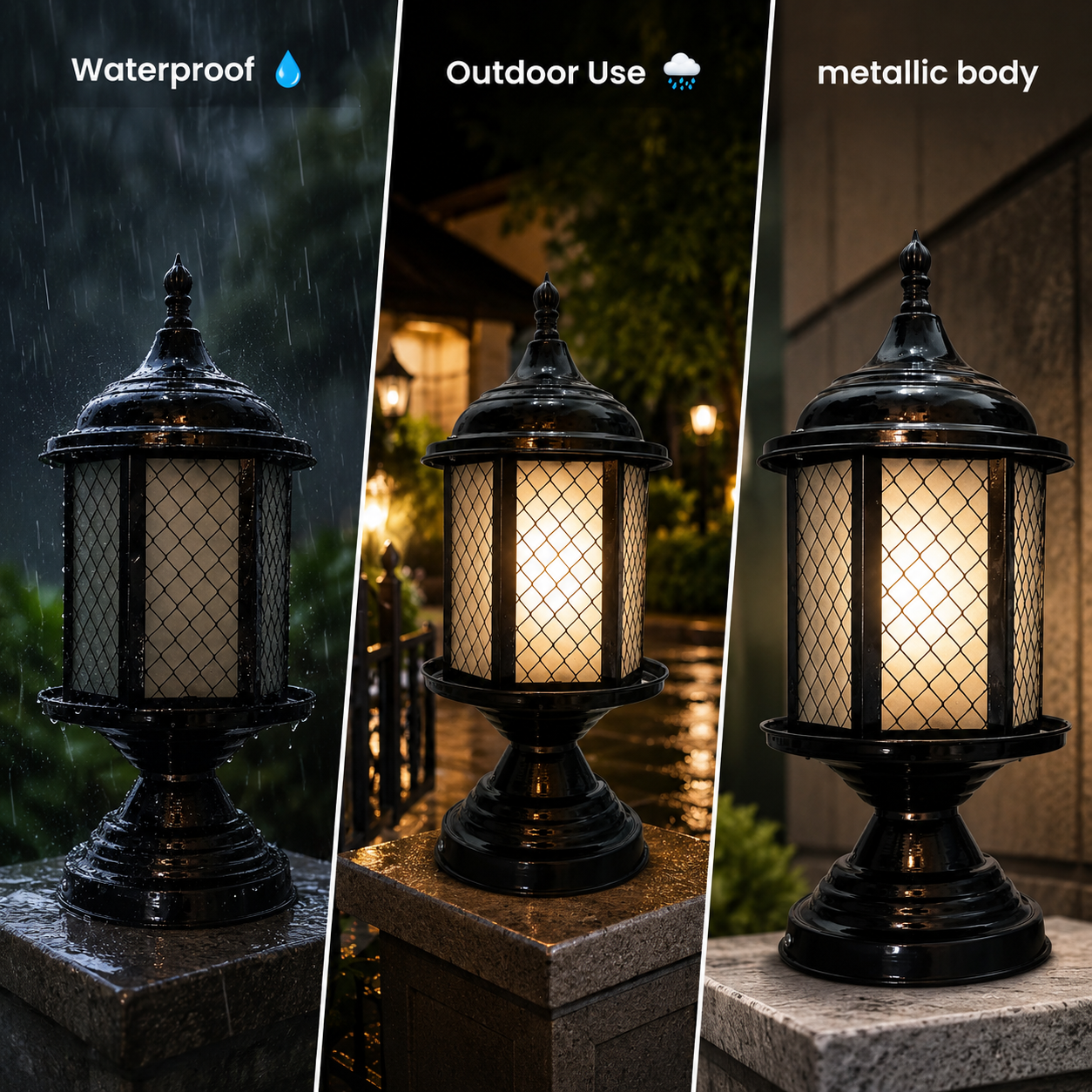 Outdoor lantern with waterproof, outdoor use, and metallic body features.