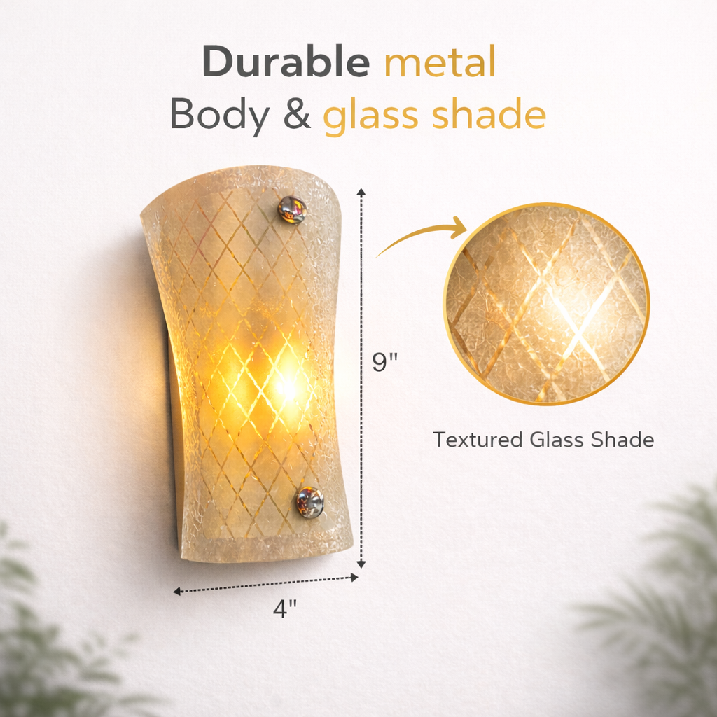 Wall-mounted light fixture with textured glass shade and durable metal body, shown with measurements.