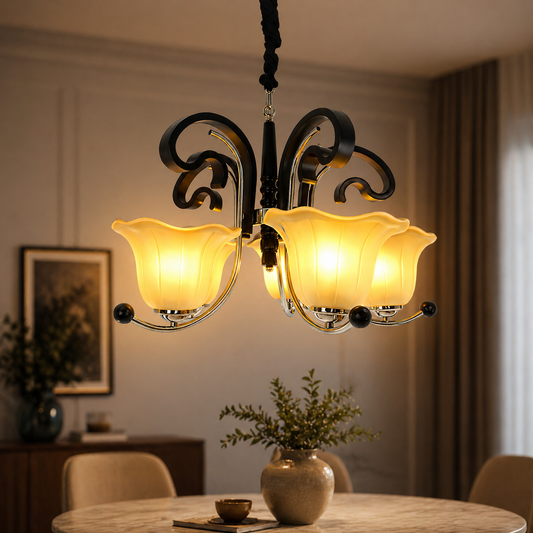Chandelier with warm yellow lights in a room setting