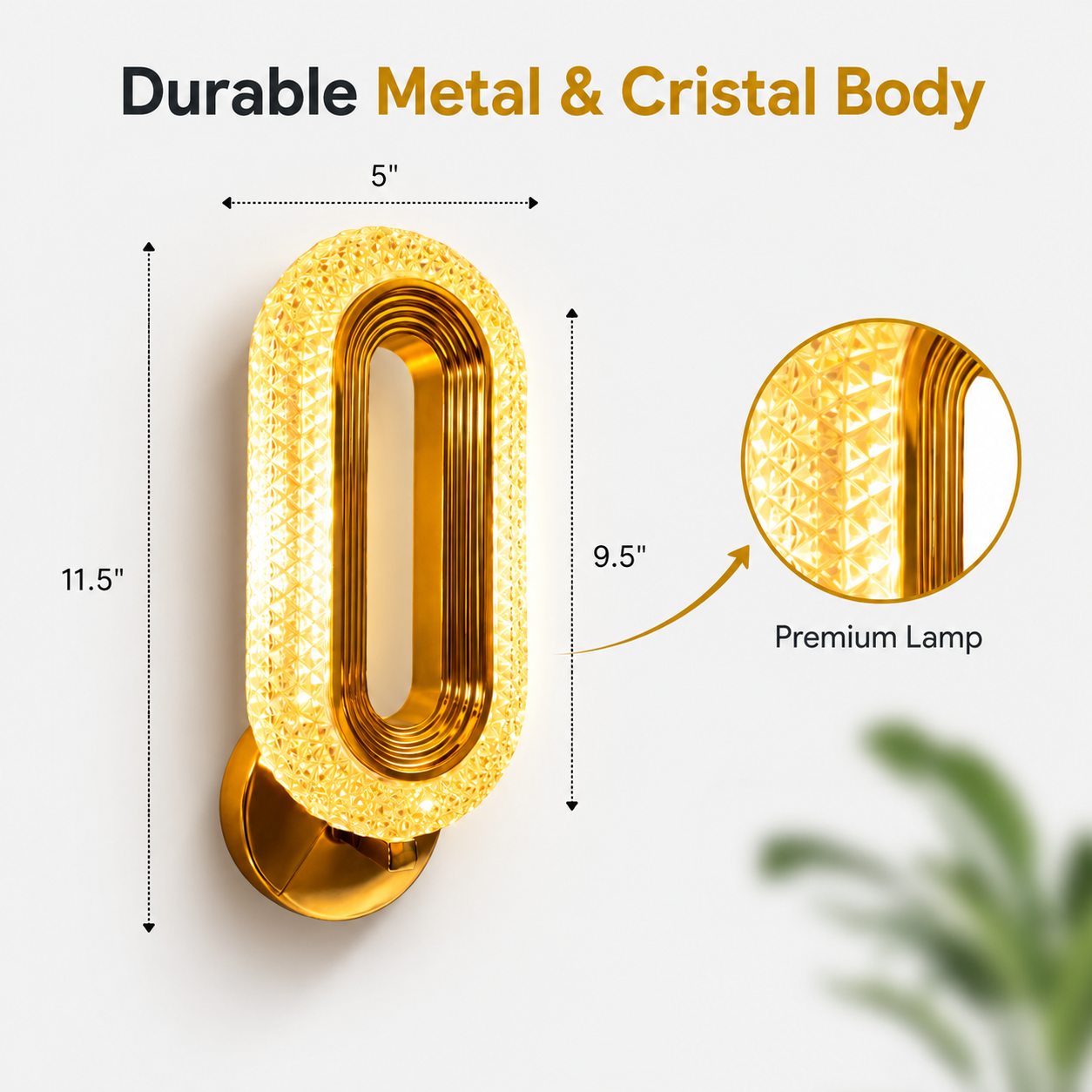 Gold Crystal LED Wall Light Metal Oval Design Luxury Glow