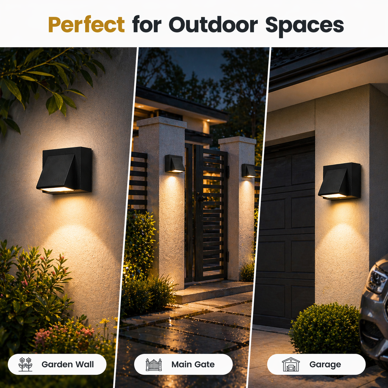 Outdoor lighting fixtures shown on a garden wall, main gate, and garage.
