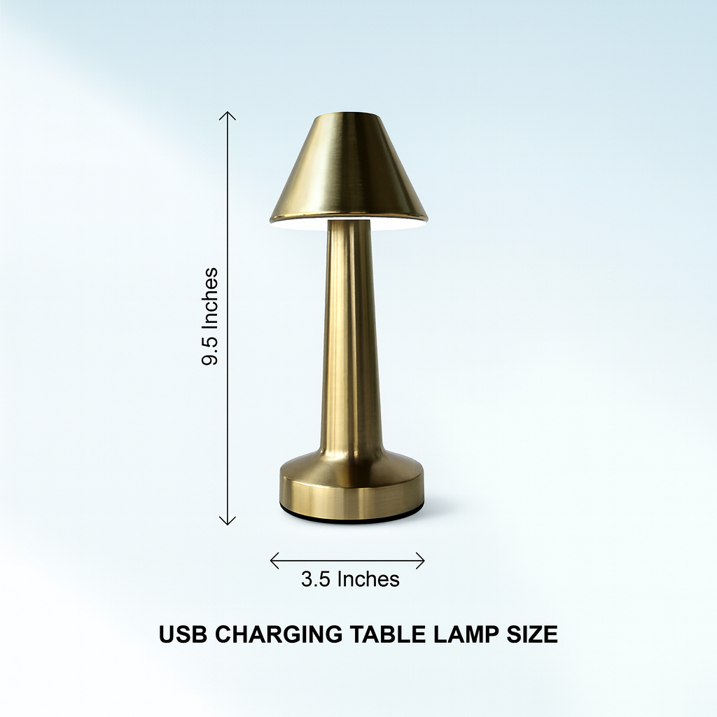 USB charging gold table lamp with 9.5-inch height and 3.5-inch base size
