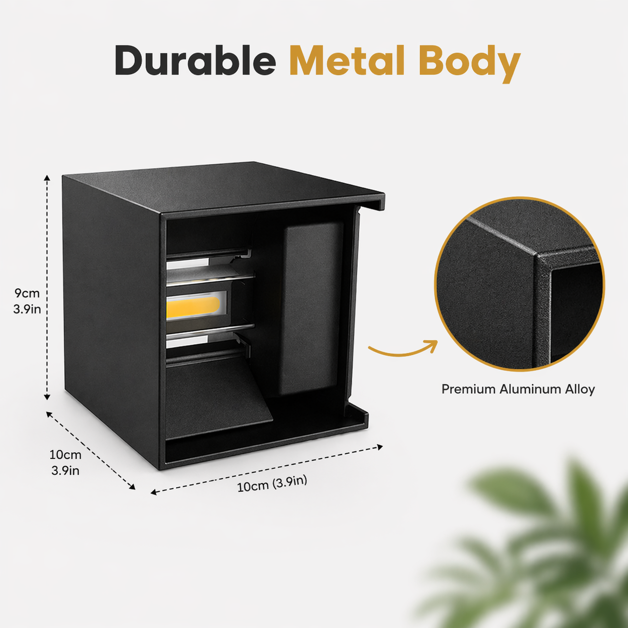 Black metal nightstand with dimensions and material details on a white background