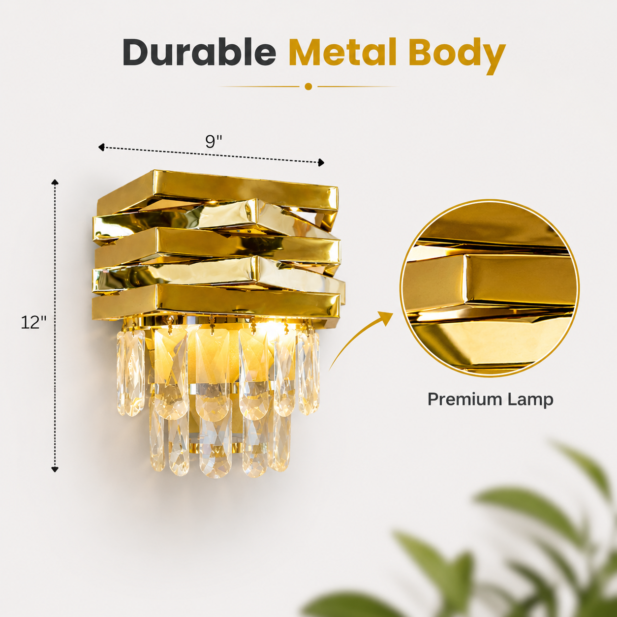 Gold wall sconce with measurements and close-up of lamp on a white background