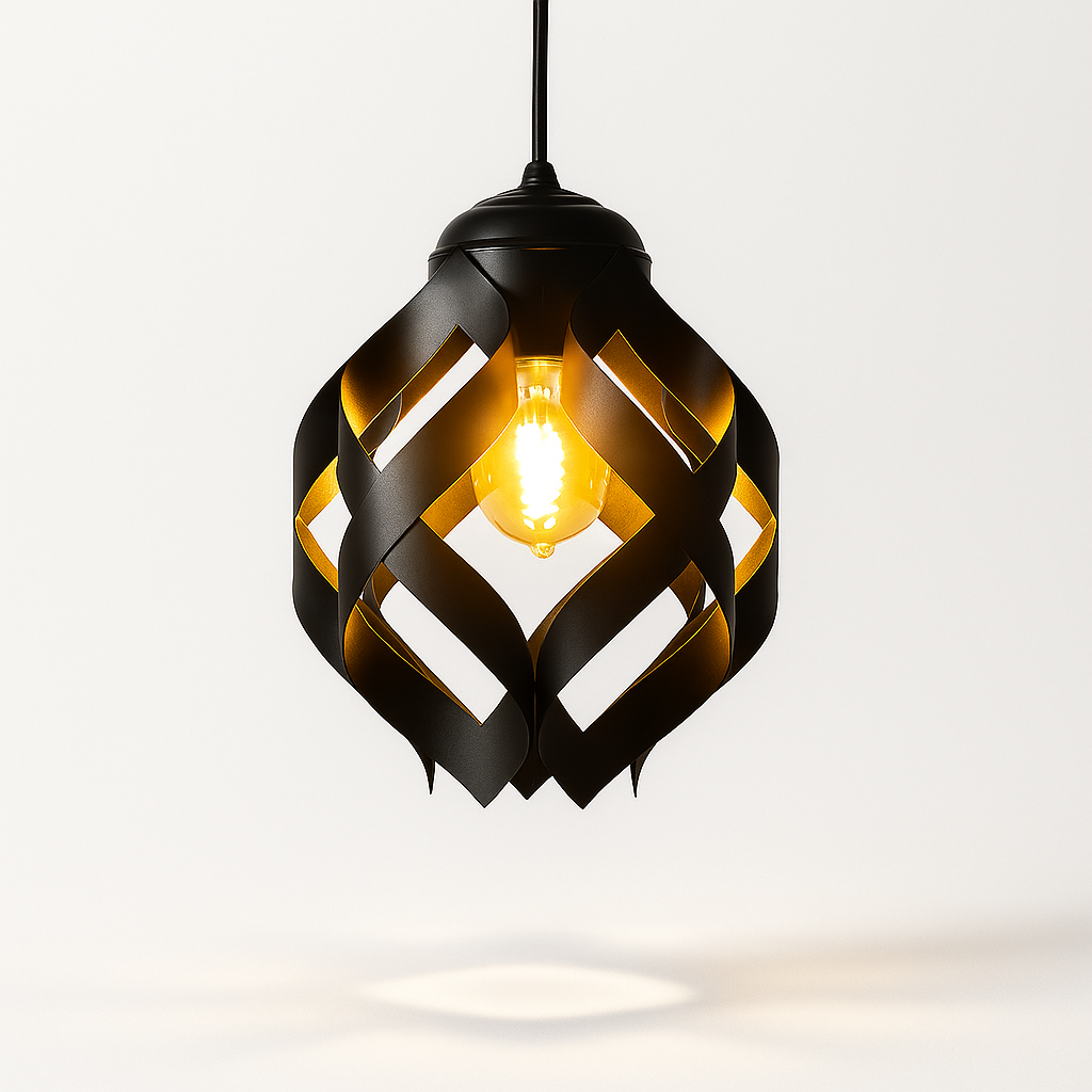 Modern pendant light with black geometric shade on a white background