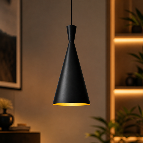 Modern matte black pendant light hanging in elegant dining room