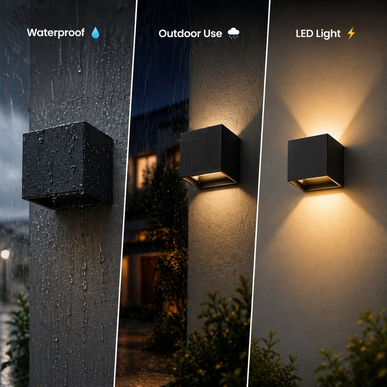 Outdoor wall light fixture with waterproof, outdoor use, and LED light features.