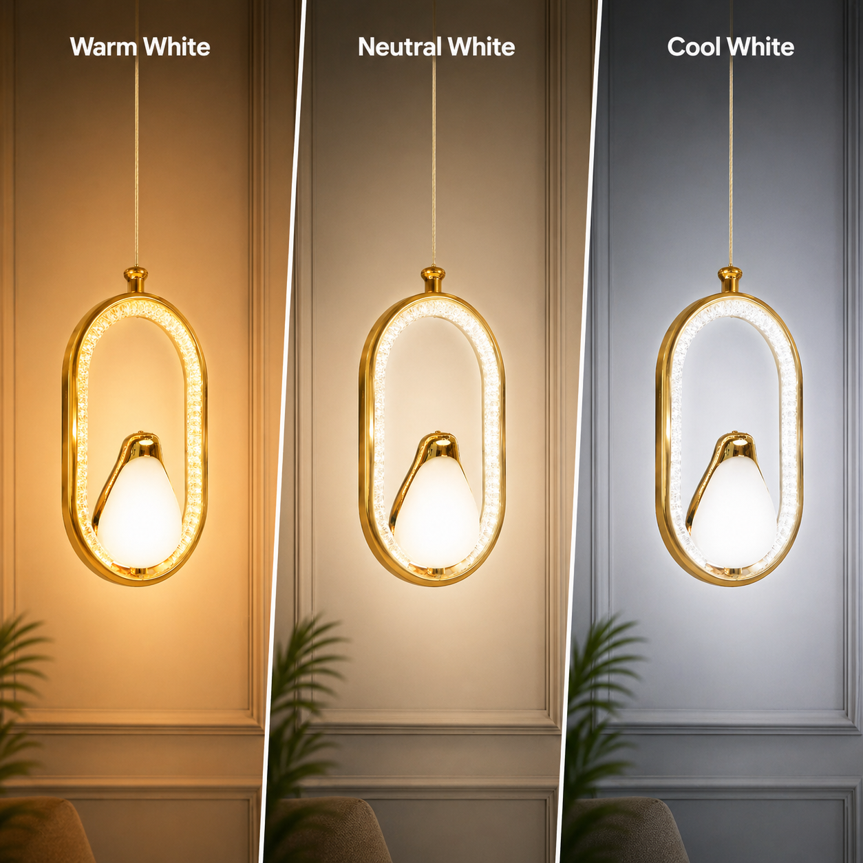 Three pendant lights showing Warm White, Neutral White, and Cool White light on a neutral background.