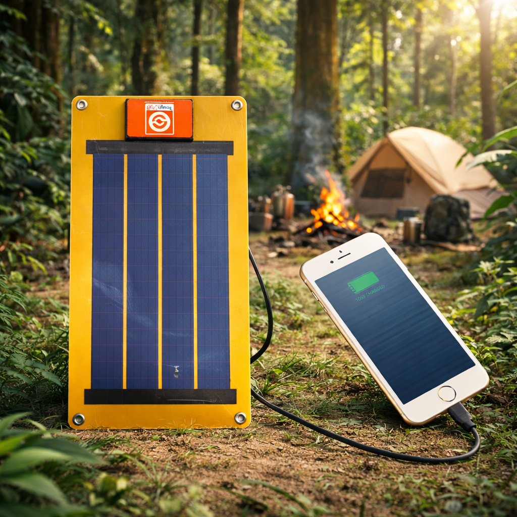 Solar panel charging a smartphone outdoors with a campfire and tent in the background.