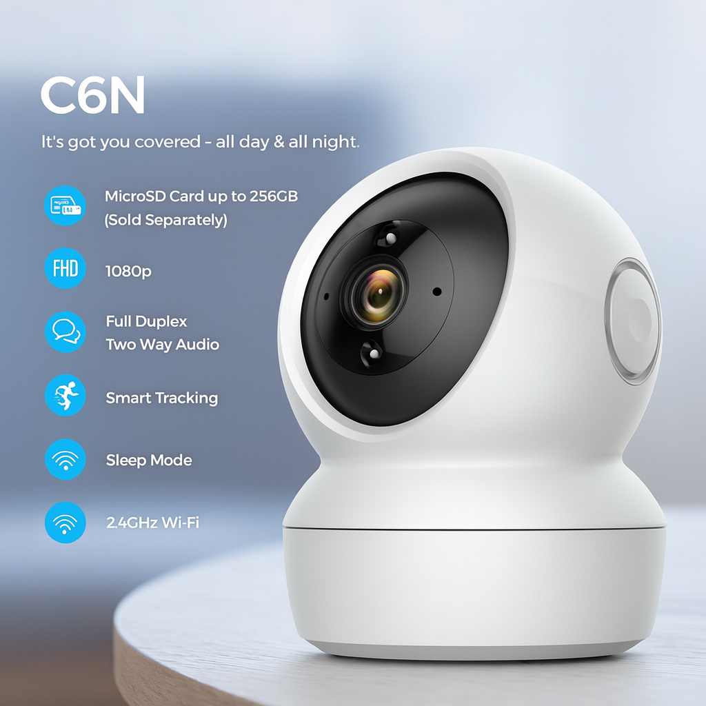 White C6N security camera with features listed on a light blue background