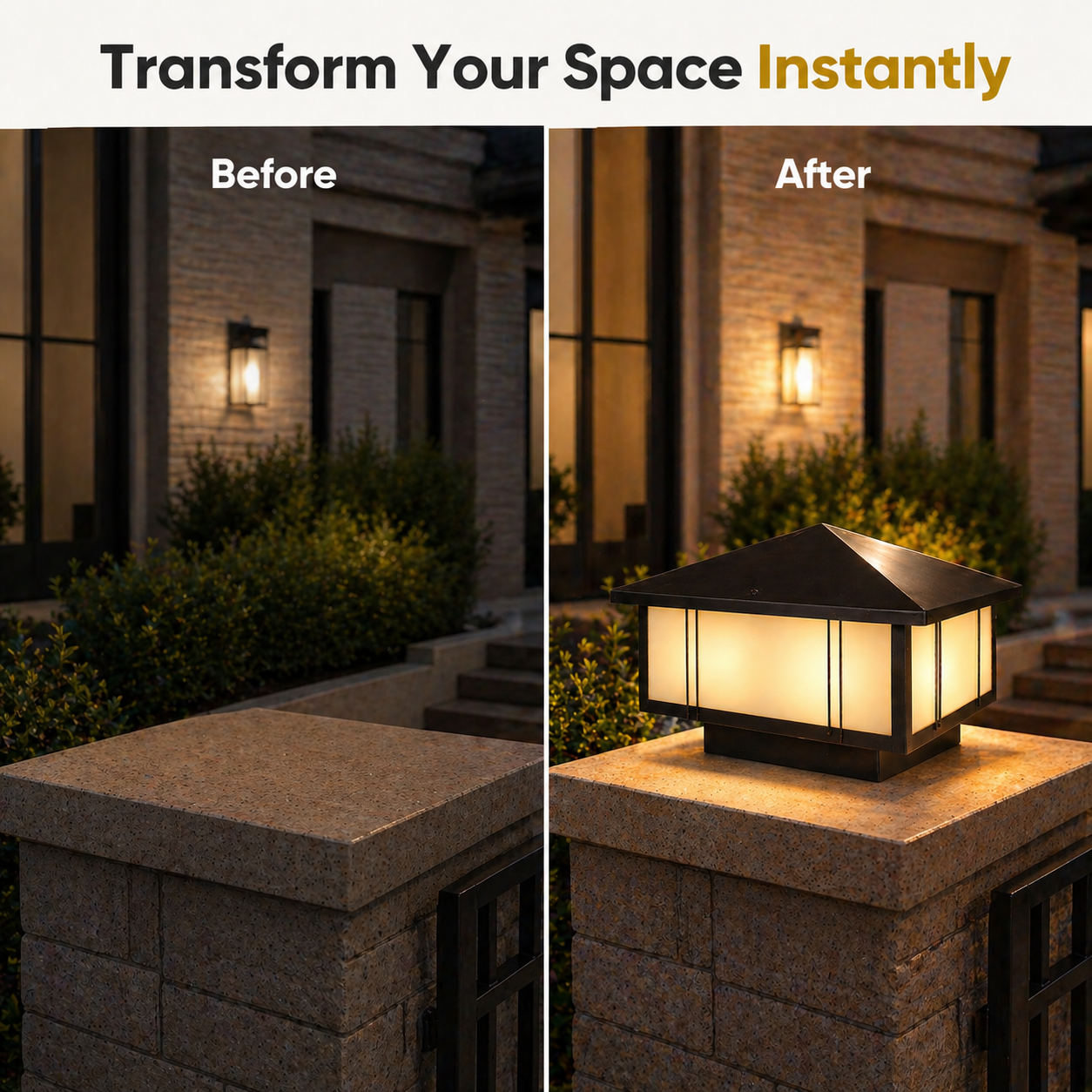 Before and after comparison of outdoor lighting installation on a stone pillar.