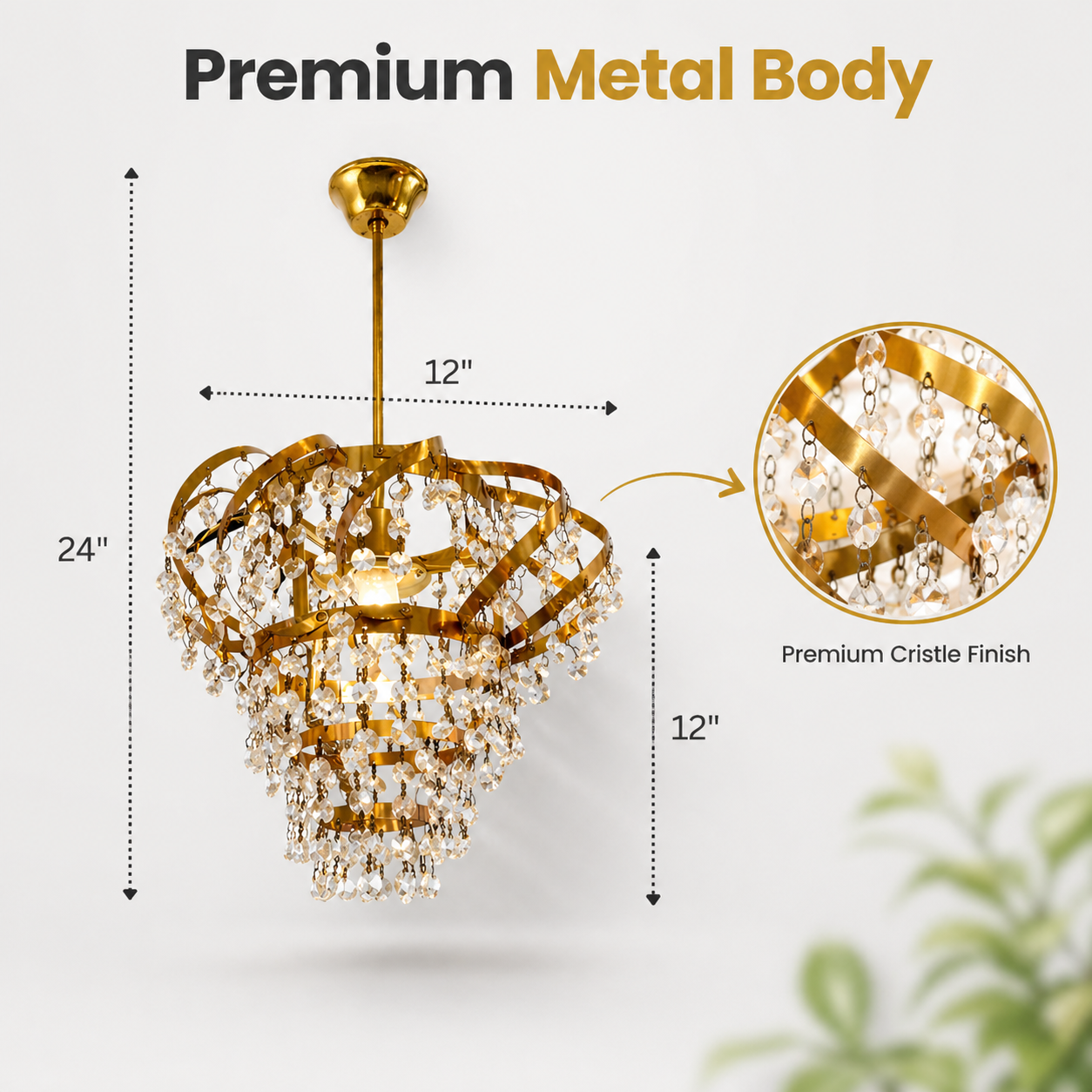 Gold chandelier with crystal accents, dimensions, and close-up of crystal details on a white background.