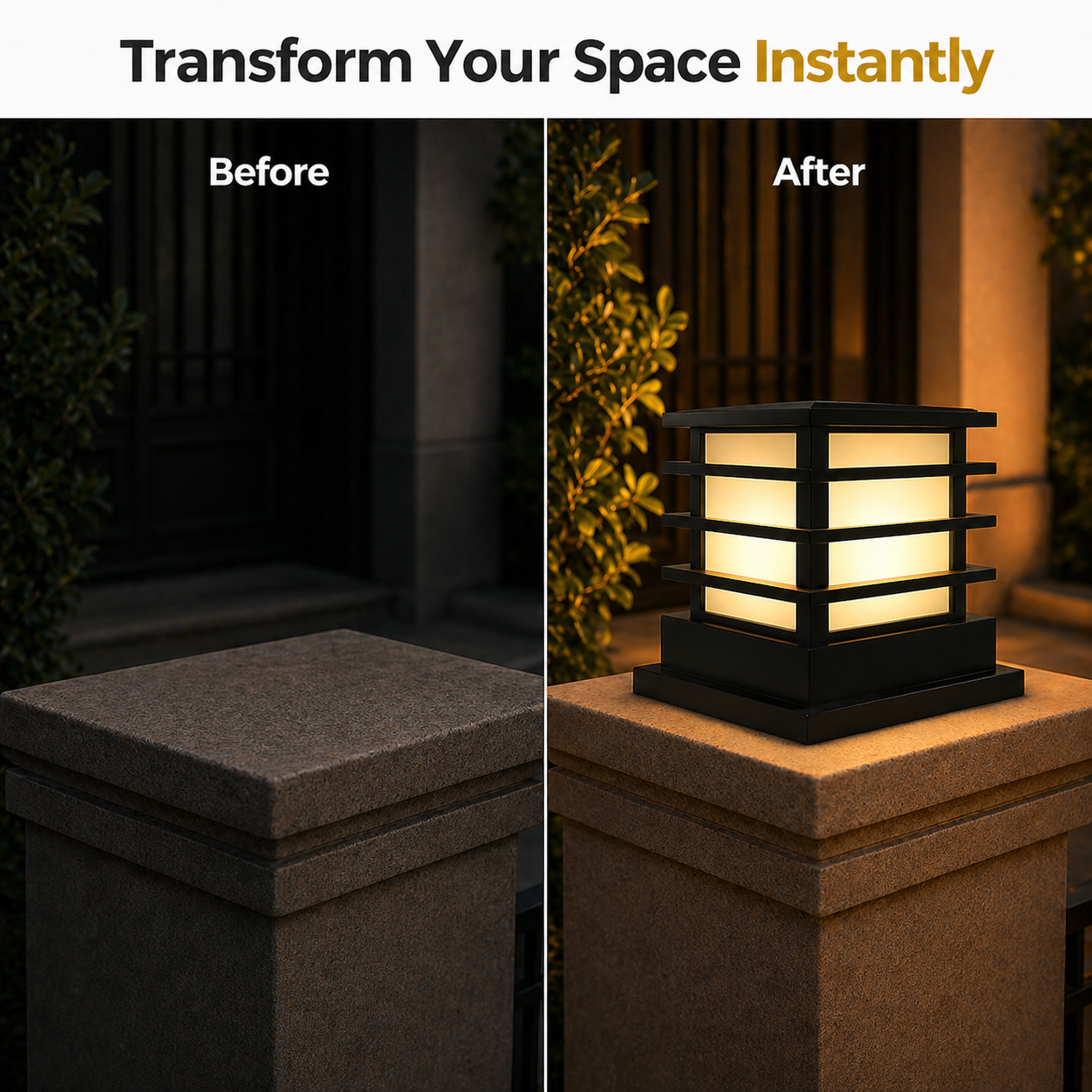 Before and after comparison of a dark outdoor area with a light fixture, highlighting transformation.