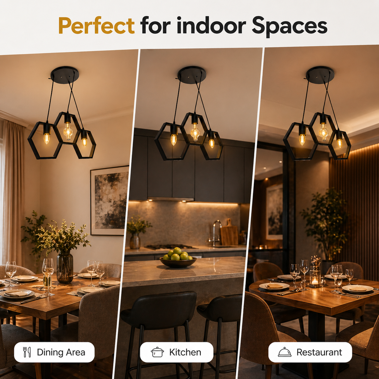 Modern hexagon pendant light hanging above wooden dining table