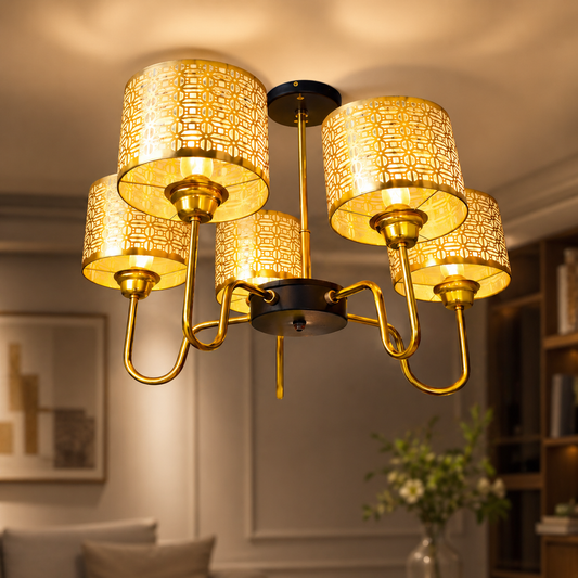 Gold chandelier with textured lampshades in a room setting