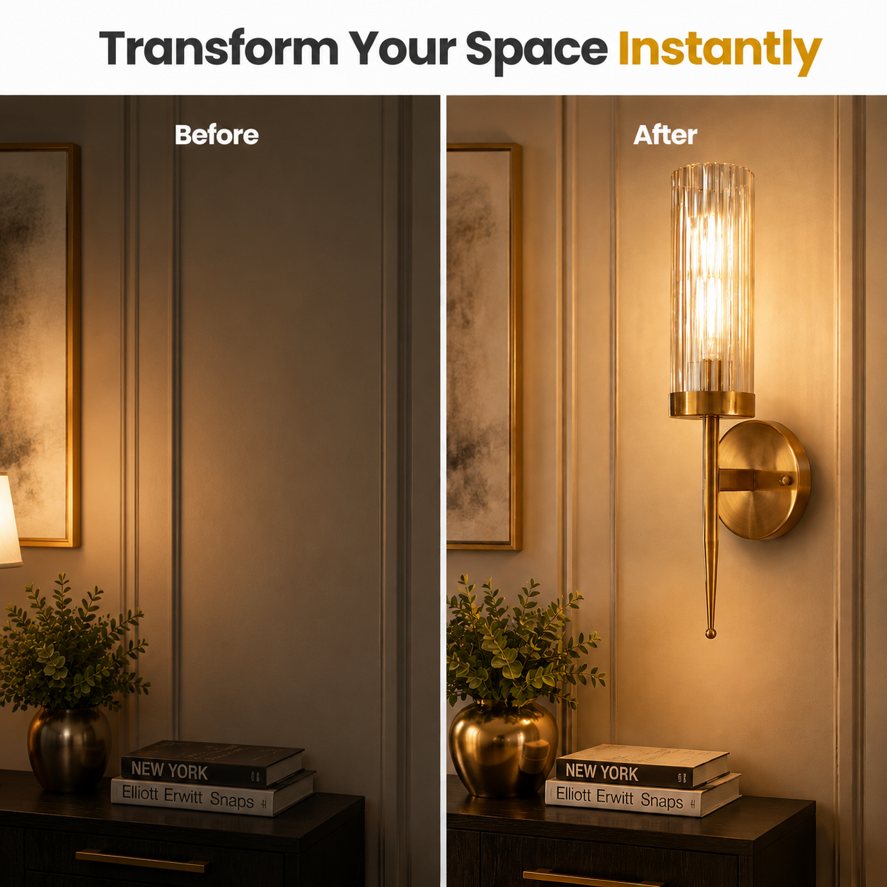 Before and after comparison of a wall sconce in a room setting.
