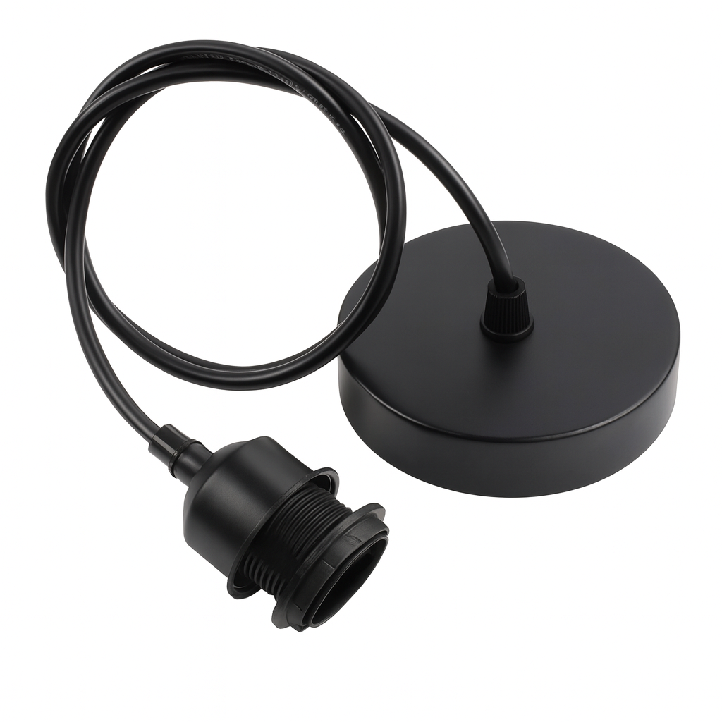 Black pendant light ceiling fitting with cord and round base on white background for modern home lighting."
