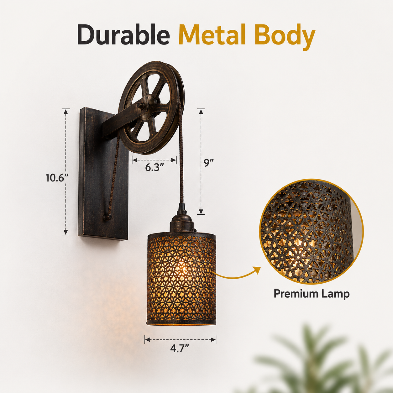 Industrial Pulley Wall Lamp Metal Lantern Warm Glow