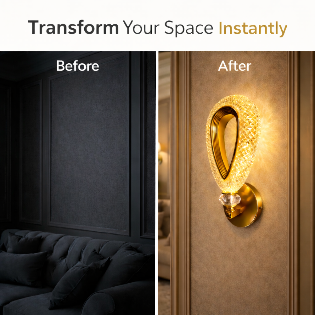 Decorative wall light illuminating dining room with warm golden glow