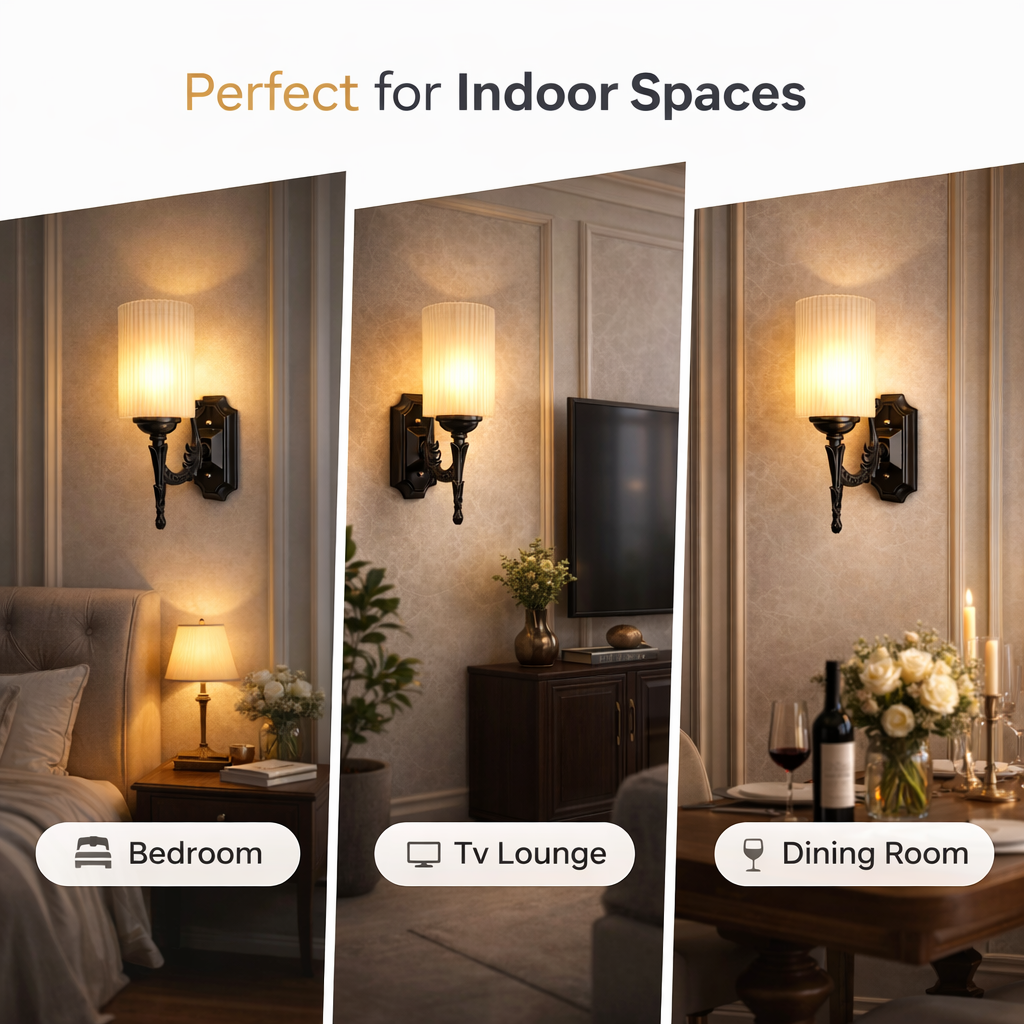 Elegant indoor wall light glowing warmly in classic interior setting