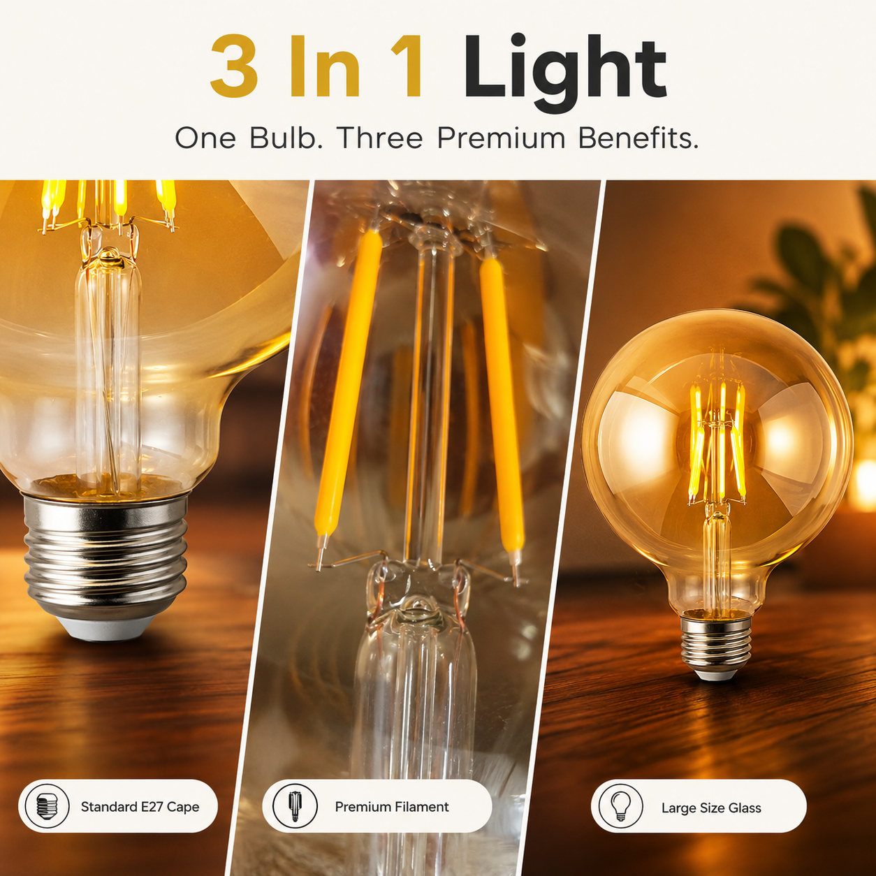 Three LED light bulbs with different features highlighted on a wooden surface.
