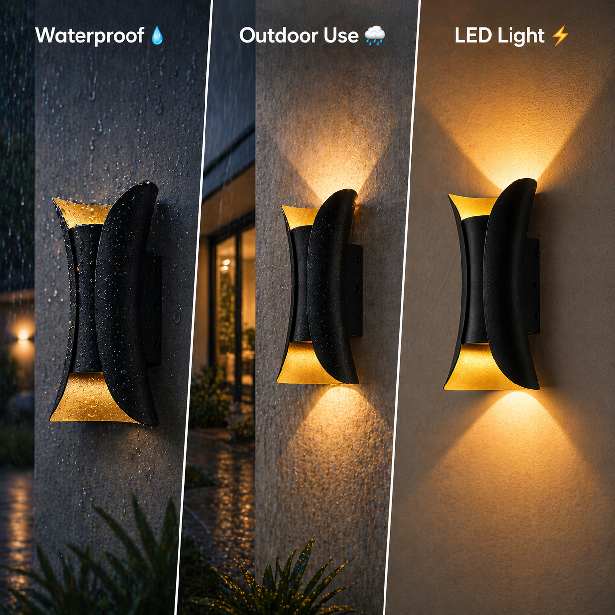 Outdoor wall light fixture with waterproof, outdoor use, and LED light features.