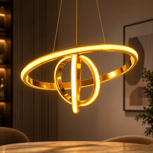 Modern gold pendant light fixture in a room with a neutral color scheme.