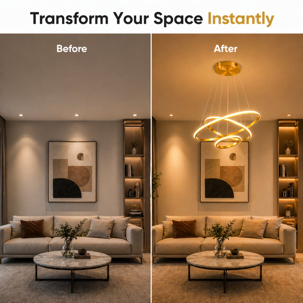Before and after comparison of a living room with a new ceiling light fixture.