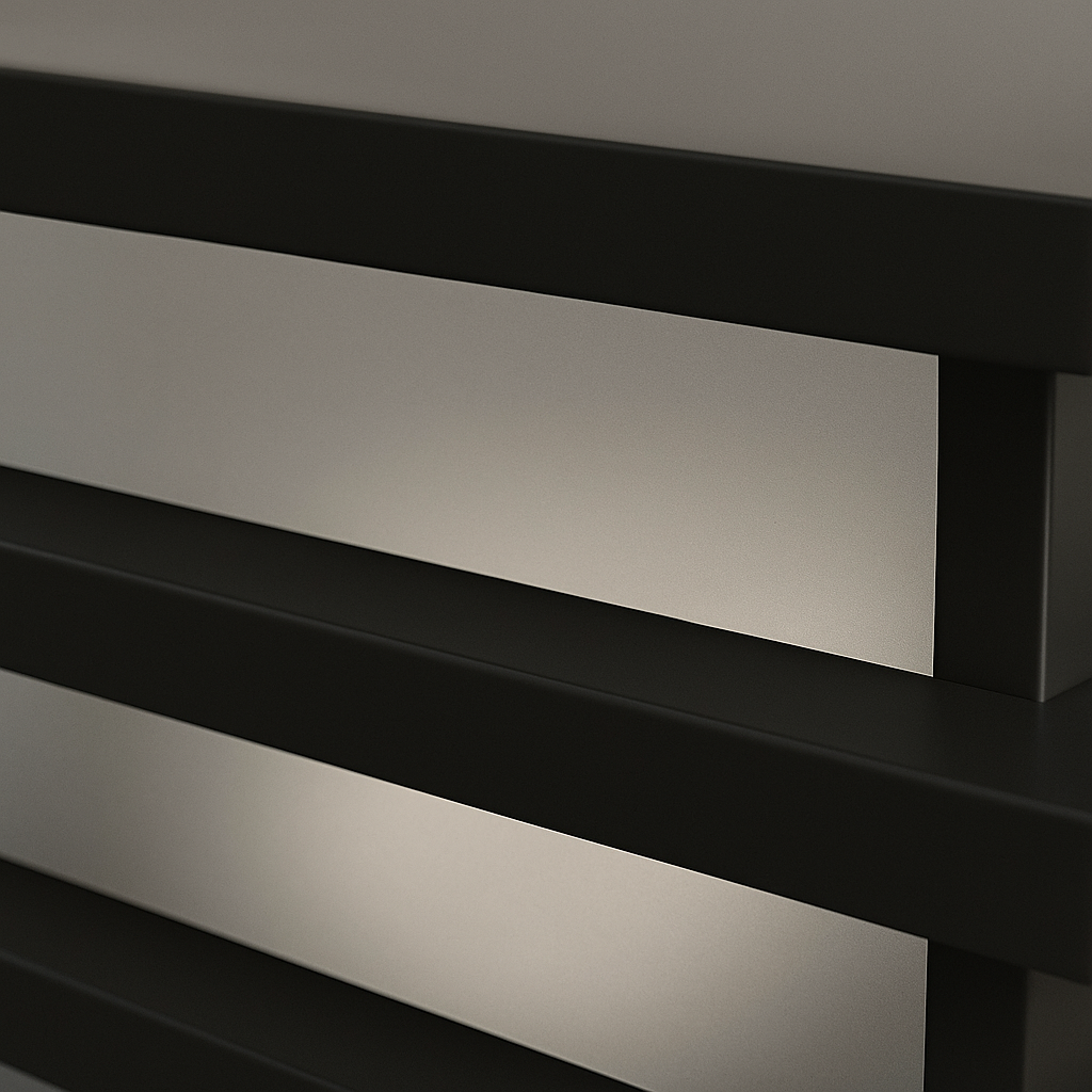 Close-up of metallic shelves with a dark background