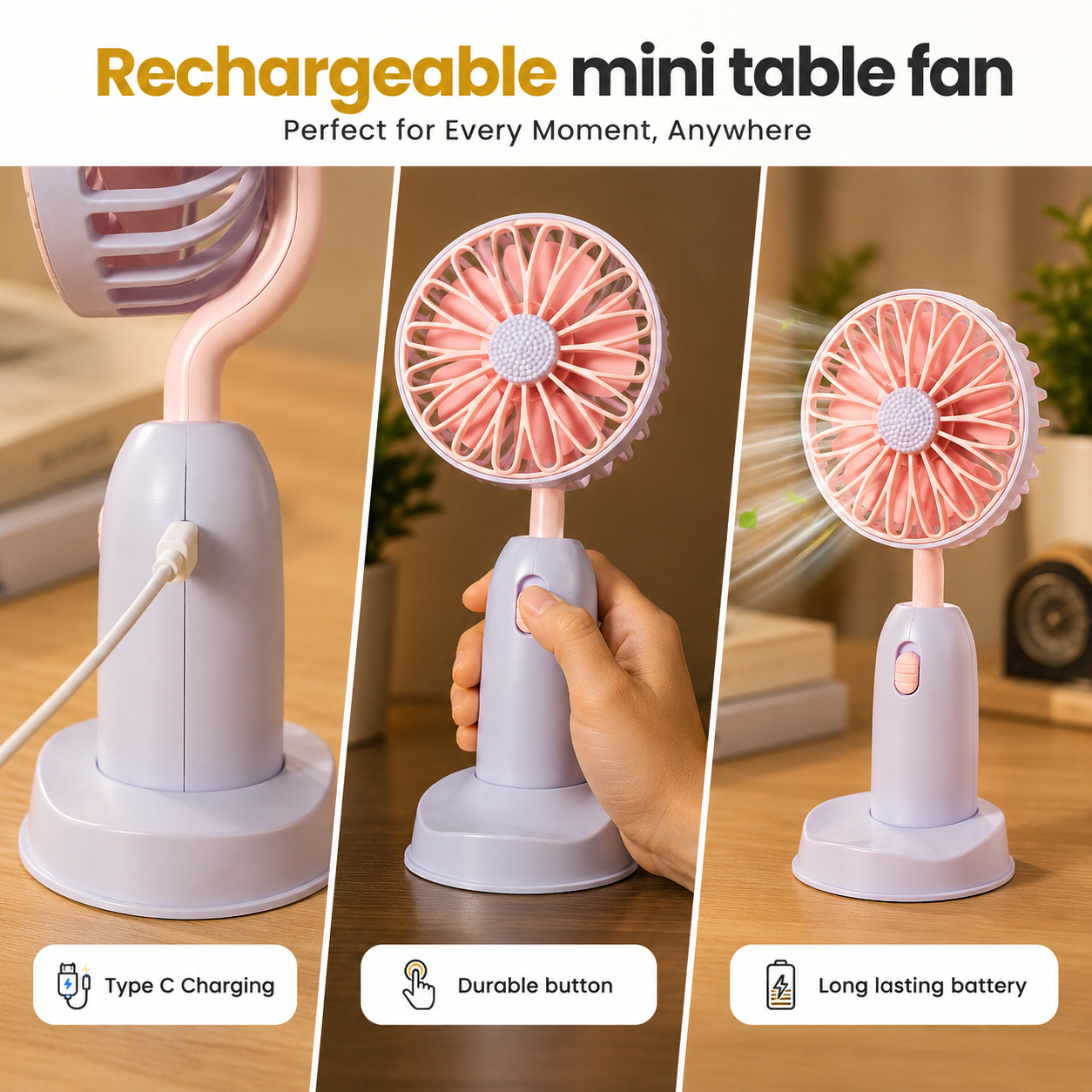 Rechargeable Mini Table Fan with Type-C Charging & Stand