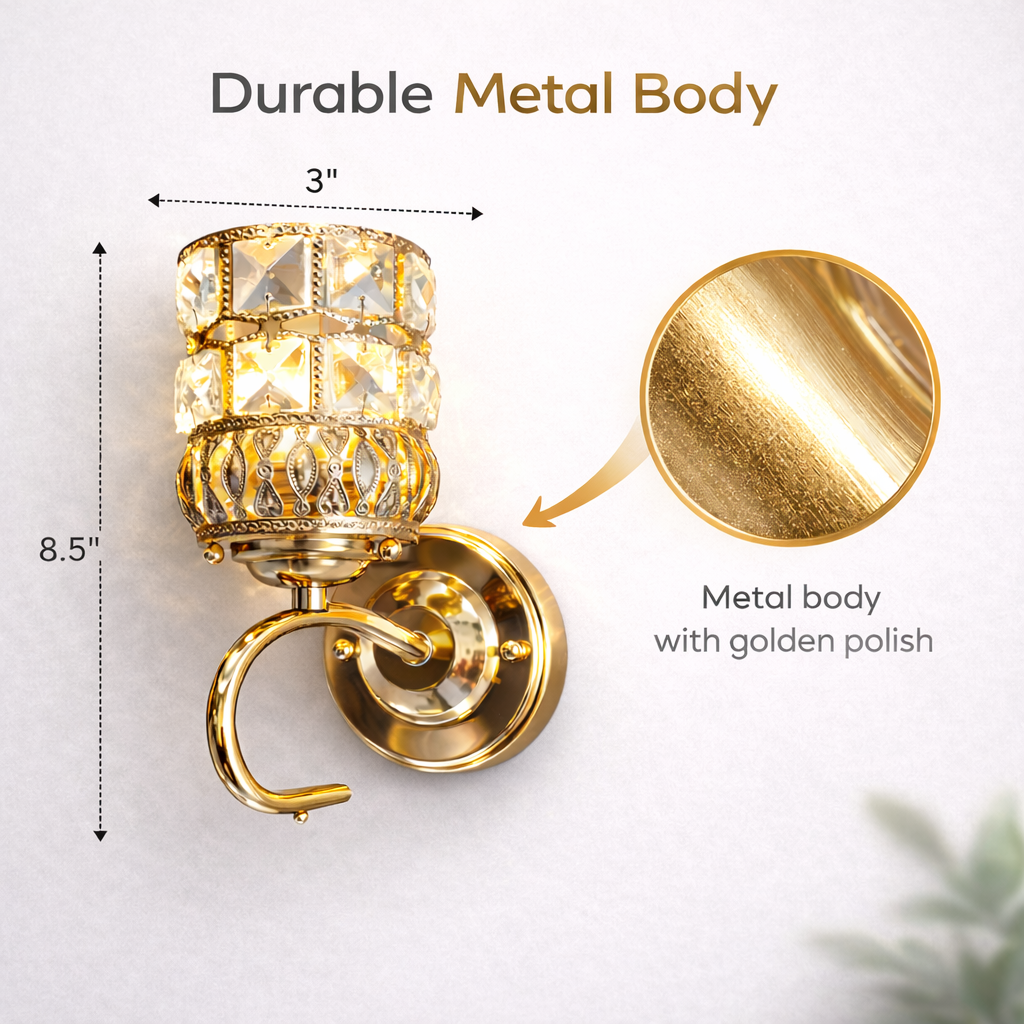 wall lamp dimensions metal body gold polish close up view