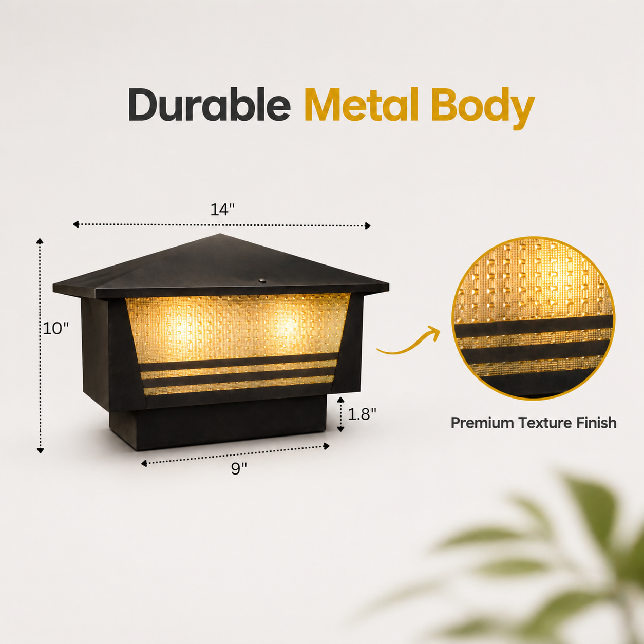 Outdoor light fixture with dimensions and durability features on a white background