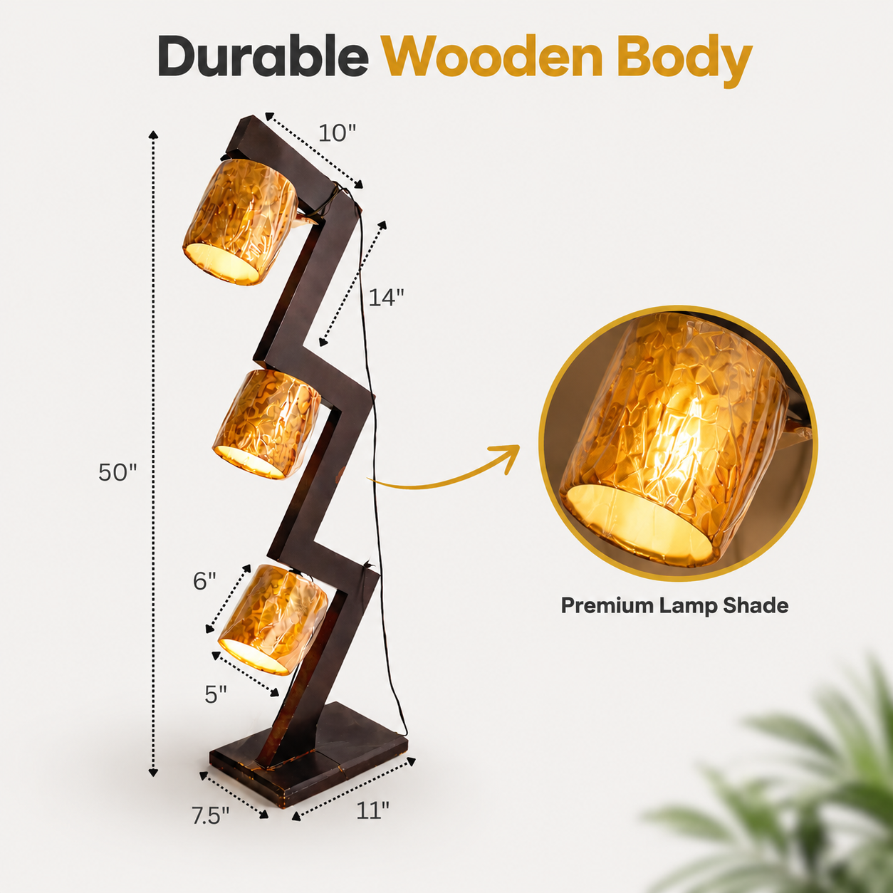 Floor lamp with wooden body and premium lamp shade, showing dimensions and close-up of shade.