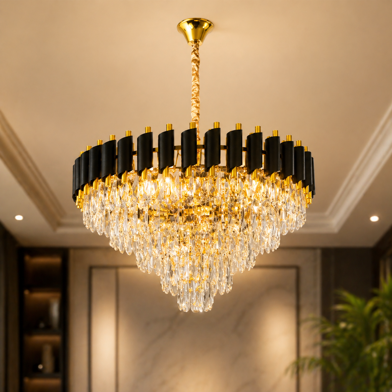 Luxurious chandelier with black and gold design in a room setting