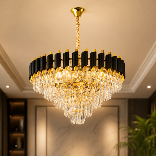 Luxurious chandelier with black and gold design in a room setting