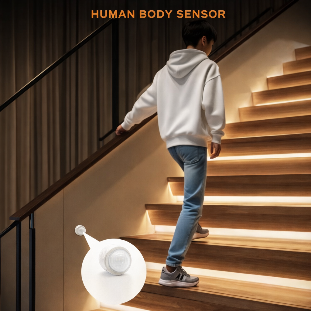 Motion sensor activated LED staircase lighting in modern home interior