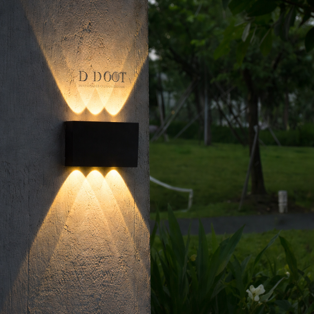 Decorative outdoor wall light fixture on a textured wall with garden background