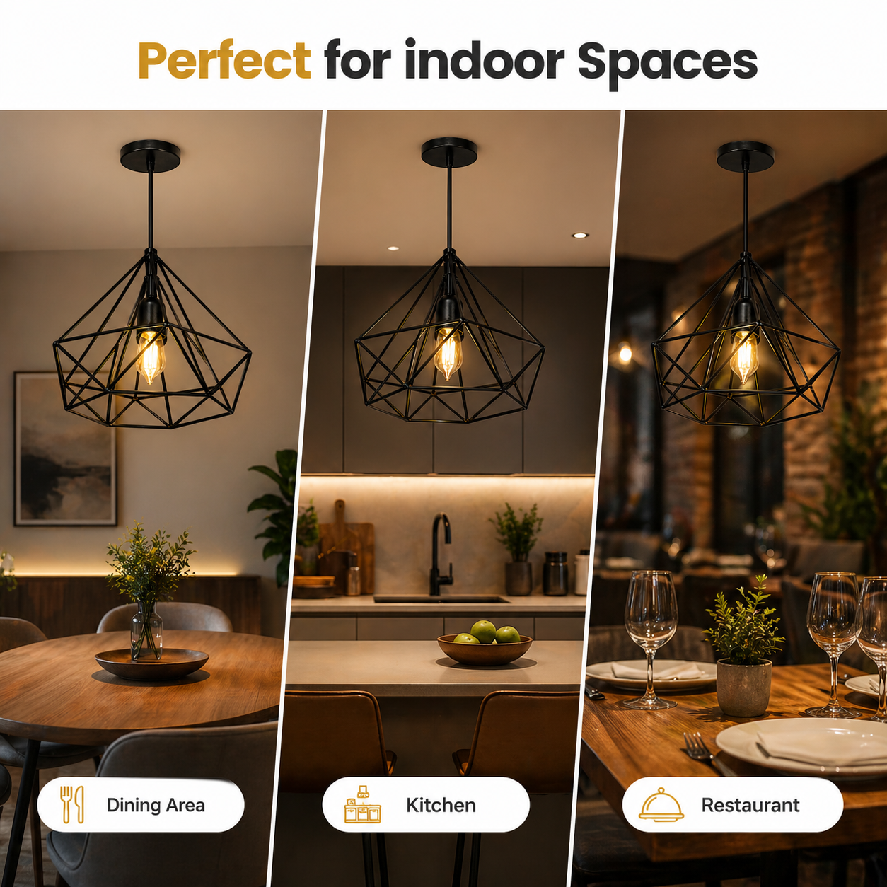 Geometric black pendant light hanging in a room with a blurred background