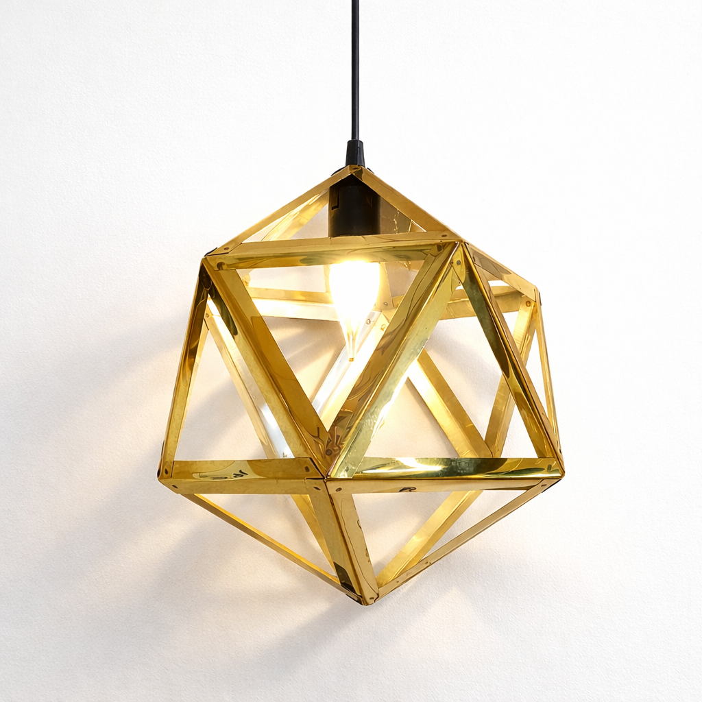 Gold geometric pendant light with metal frame and warm glow