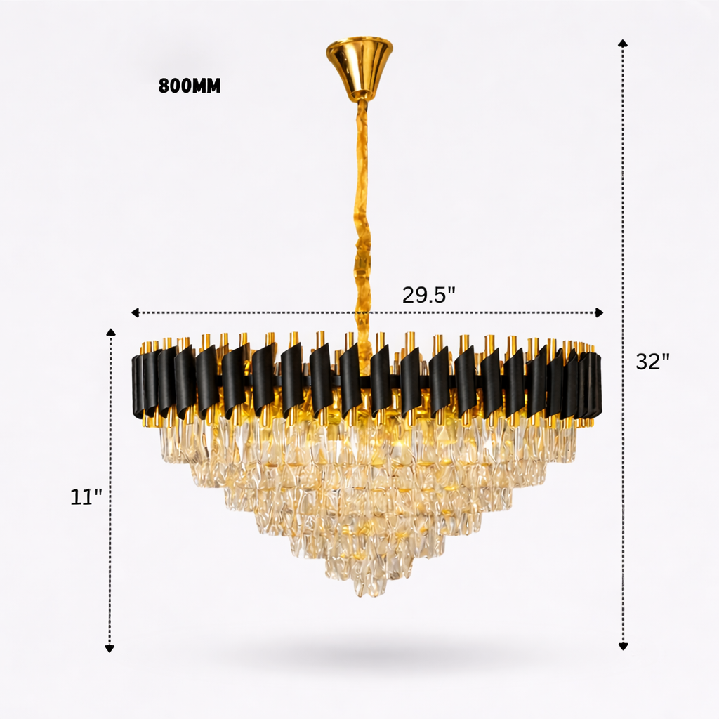 Chandelier with dimensions indicated on a white background