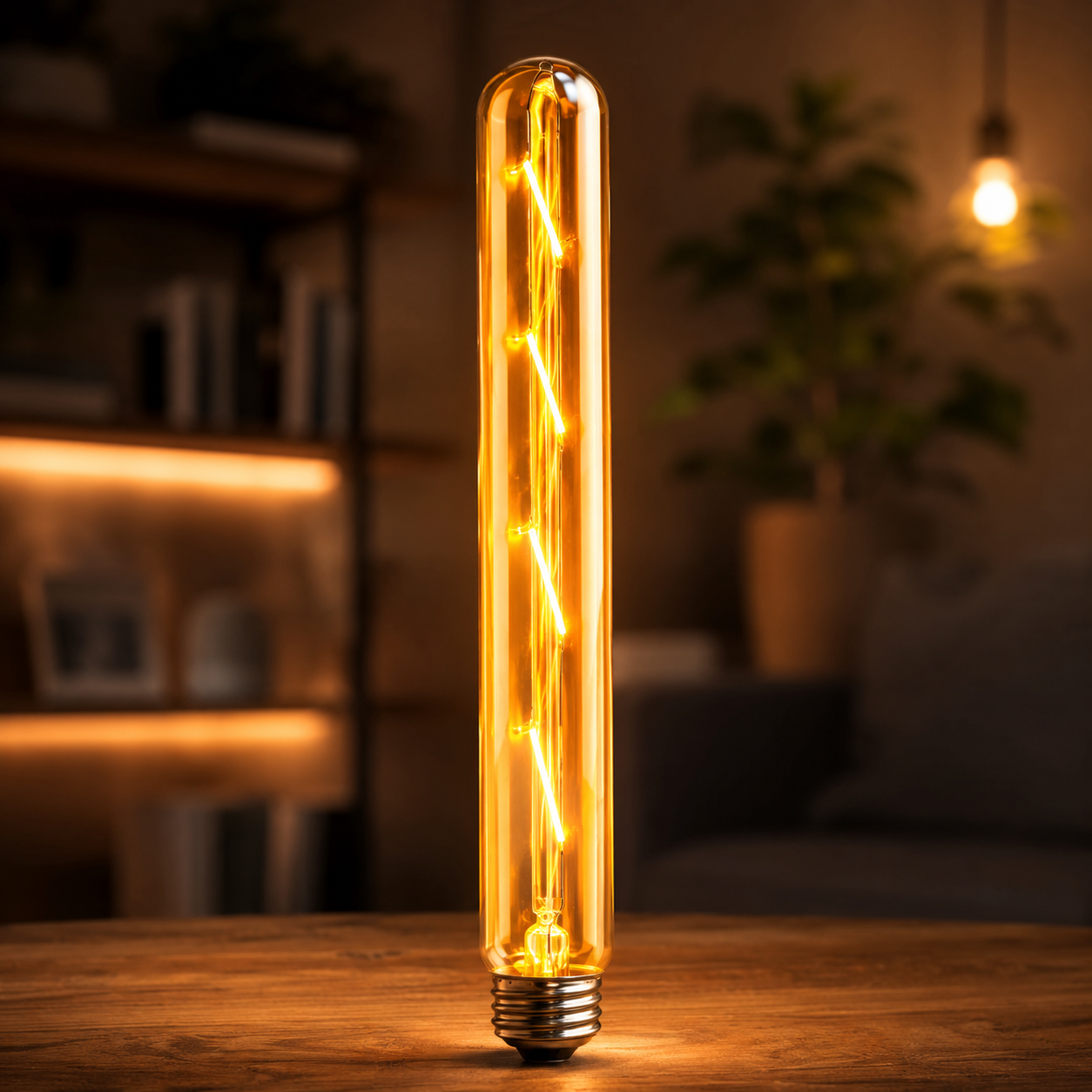 Decorative light bulb on a wooden surface with a blurred indoor background