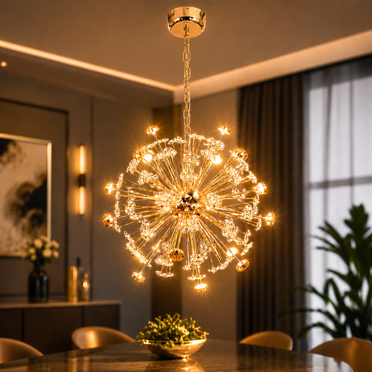 Decorative chandelier hanging in a room with a table and chairs.