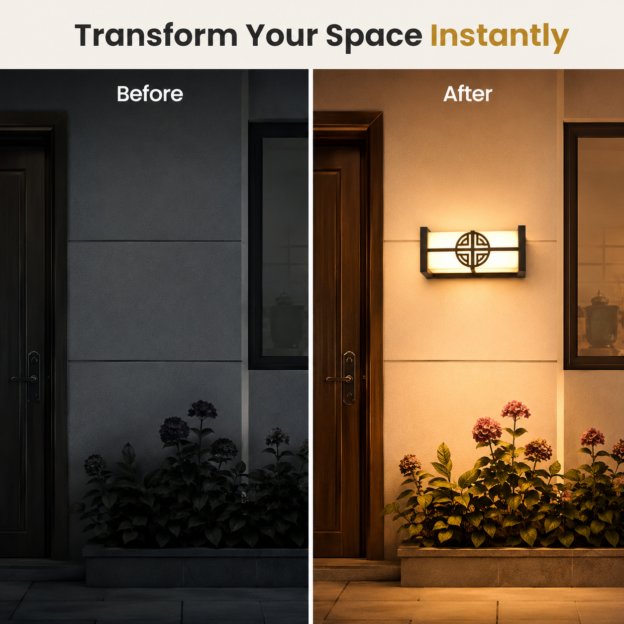Before and after comparison of a wall light fixture on a building exterior.