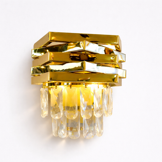 Modern gold LED chandelier with crystal drops for luxury interiors