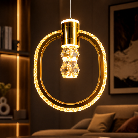 Modern pendant light with circular design in a living room setting