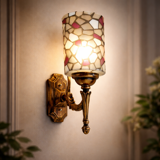 Vintage mosaic wall sconce glowing warmly on premium interior wall