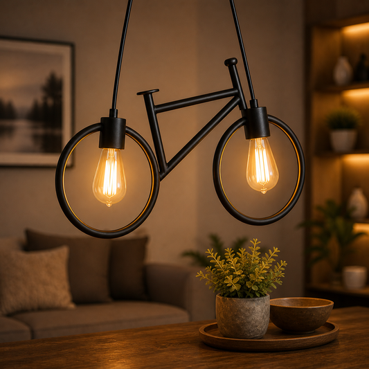 bicycle pendant light hanging above wooden dining table interior