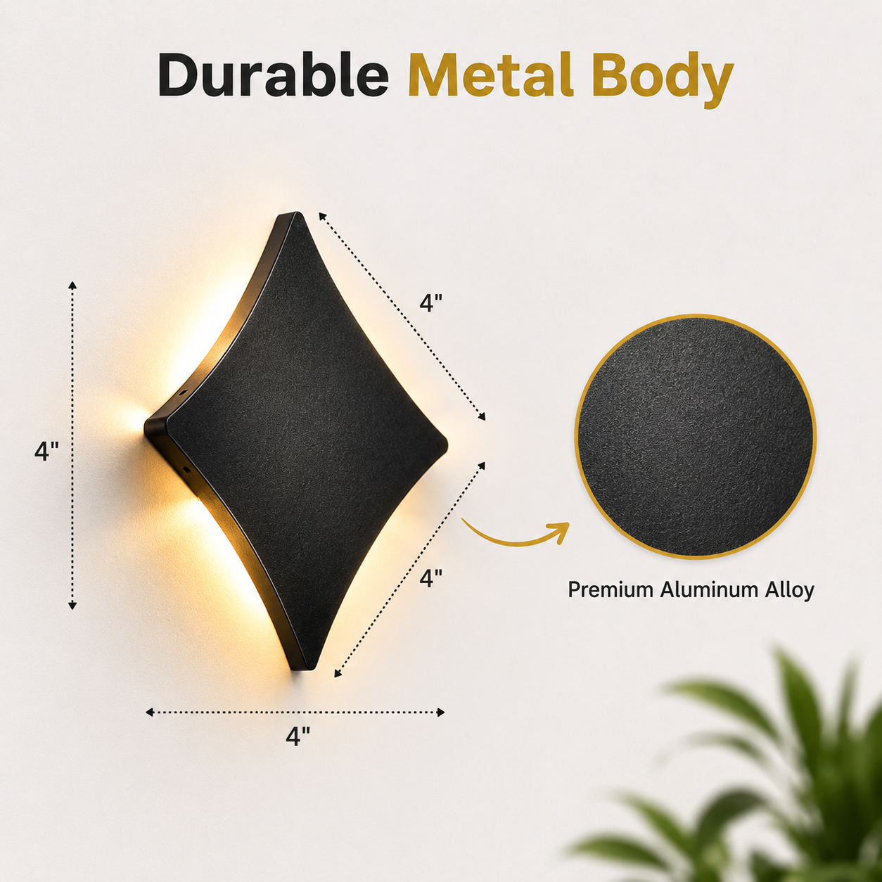 Black wall light fixture with dimensions and material details on a white background