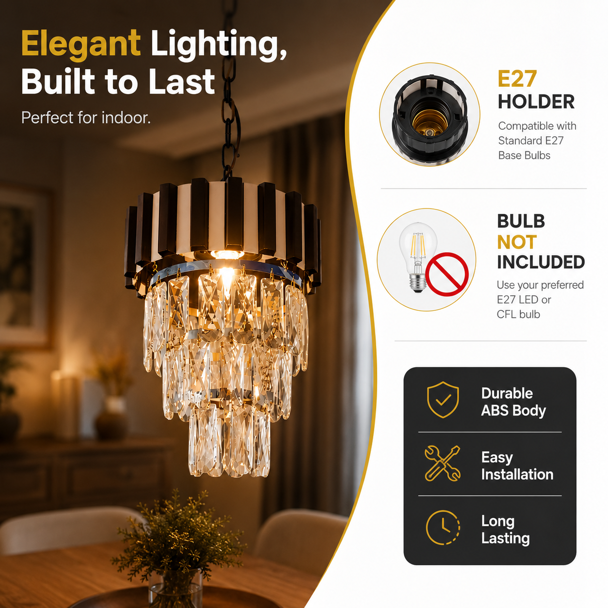 Chandelier with E27 holder and bulb compatibility information on a blurred indoor setting background.